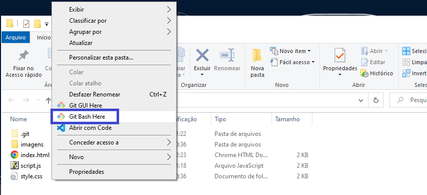Imagen del explorador de arquivo dentro de una carpeta y haciendo clic en el botón derecho dónde muestra diversas opciones, y la del Git Bash Here.