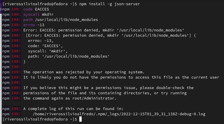 error con el comando descripto en la página de json server