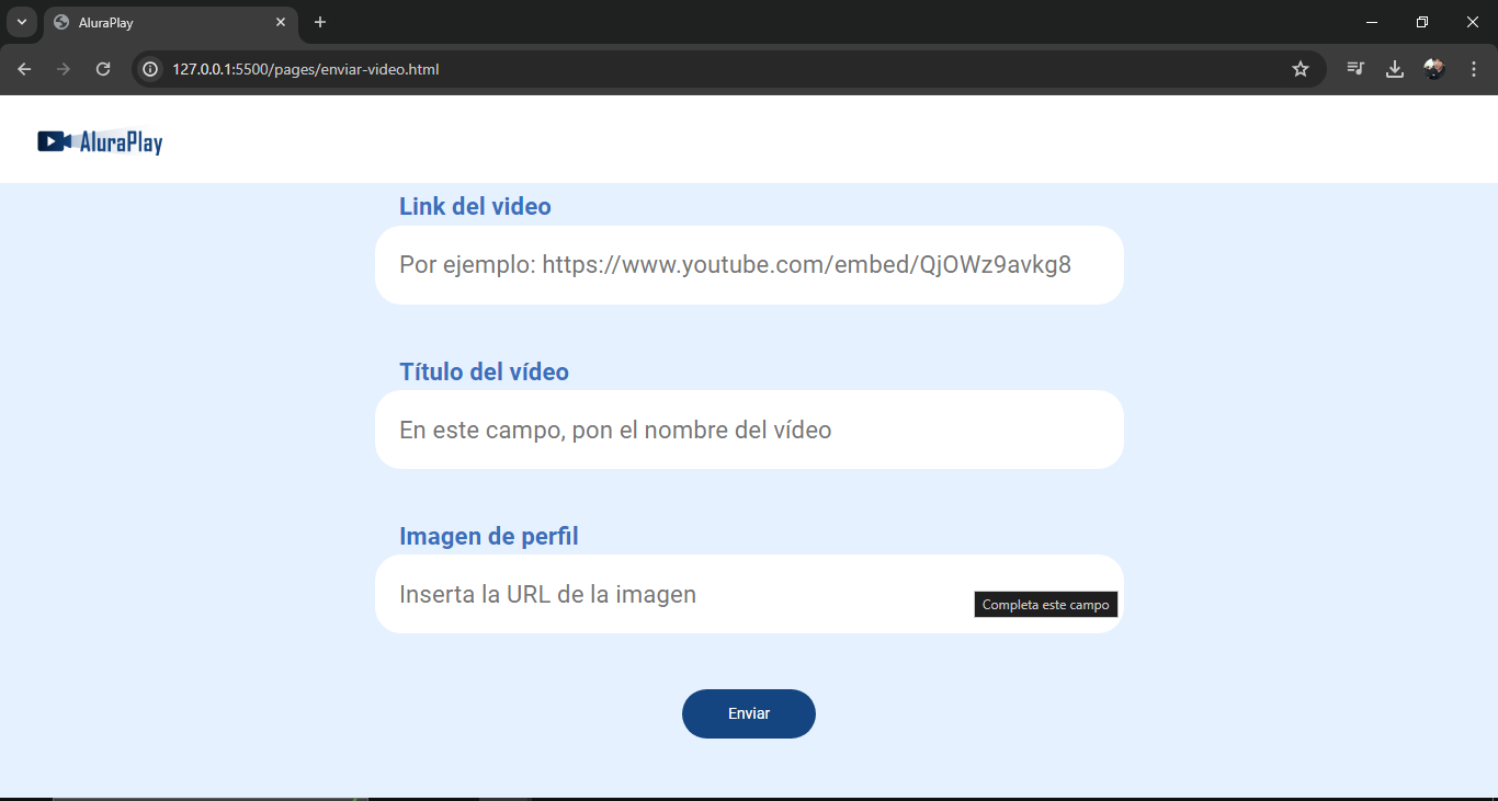 IEl inicio de AluraPlay esta todo perfecto, pero en enviar video No me aparece "submit Query" y tampoco enviar mi video como se muestran en el video