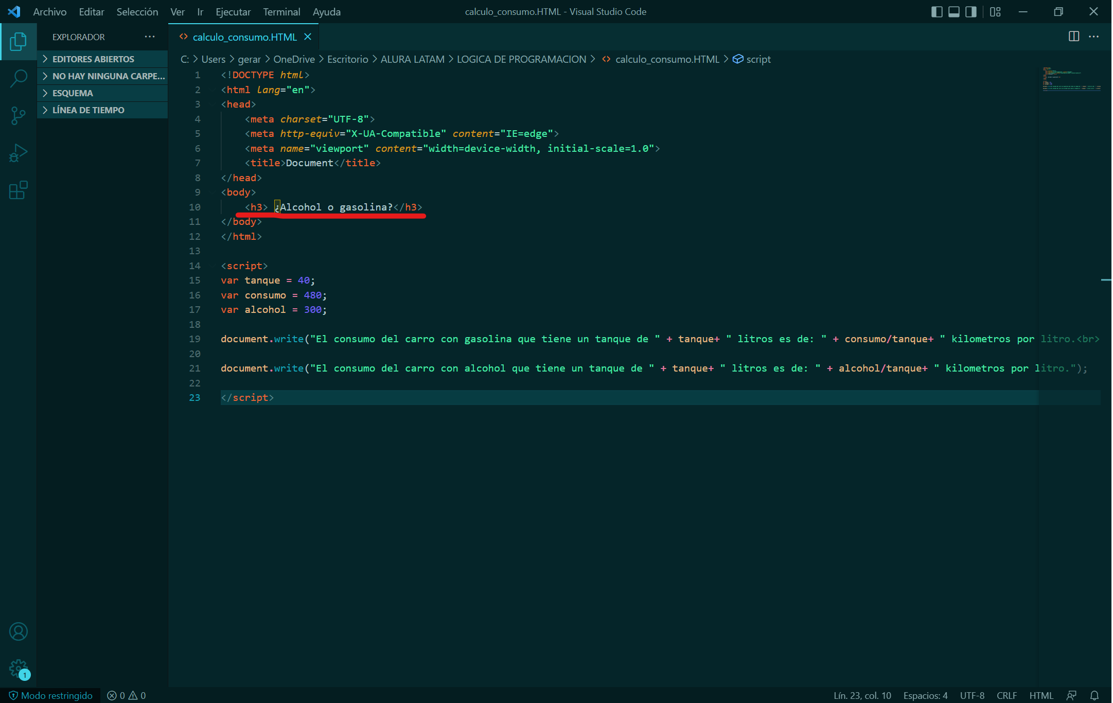 IMAGEN DE VISUAL STUDIO CODE SUBRAYANDO ETIQUETA H3