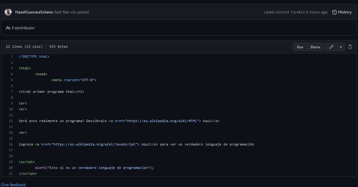 Mi primer programa html en github