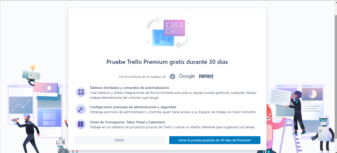 Cuadro con información sobre el plan de pago de Trello y luego dos opciones: Omitir e iniciar la prueba de 30 días del plan de pago, respectivamente