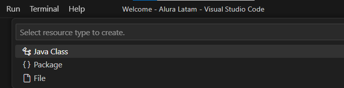 Parte 'Select resource type to create' en el directorio del proyecto java en VS Code