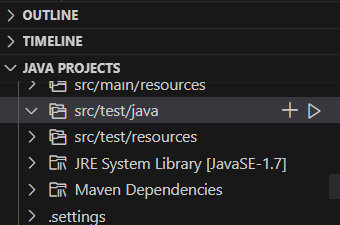 Sección 'Java Projects' en el directorio del proyecto java en VS Code