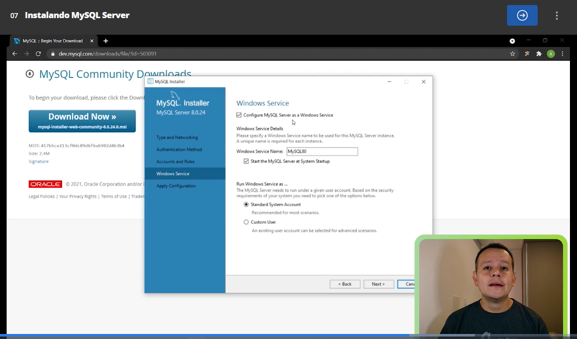 Pantalla de la sección Servicio de Windows en la instalación de MySQL en el sistema operativo Windows