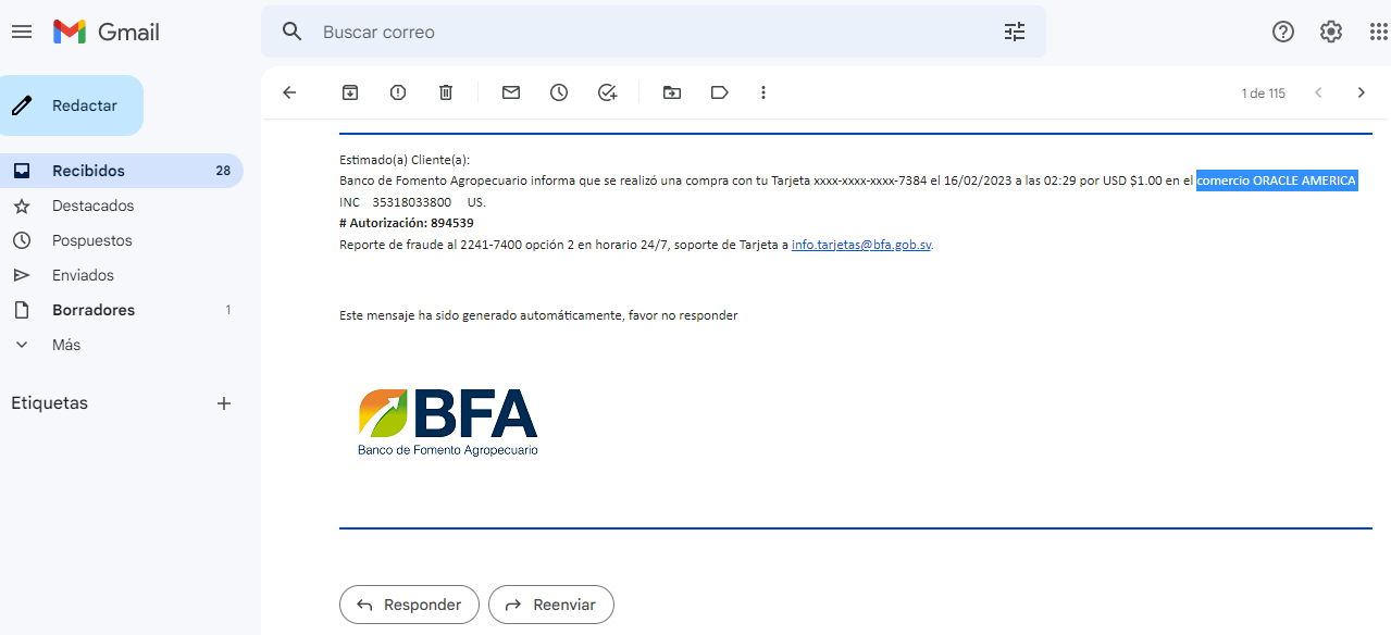 notificacion de cargo a tarjeta de de debito