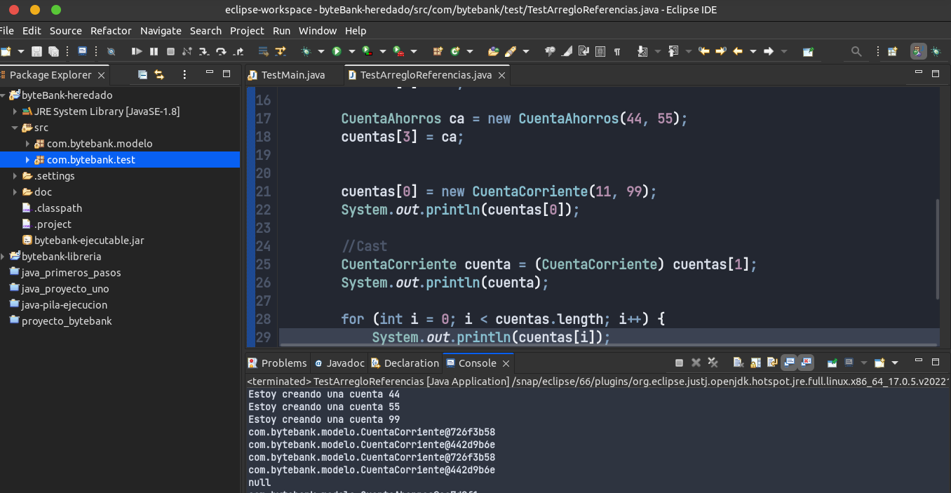 Captura de pantalla acerca de ejercicio ejecutado en Eclipse IDE