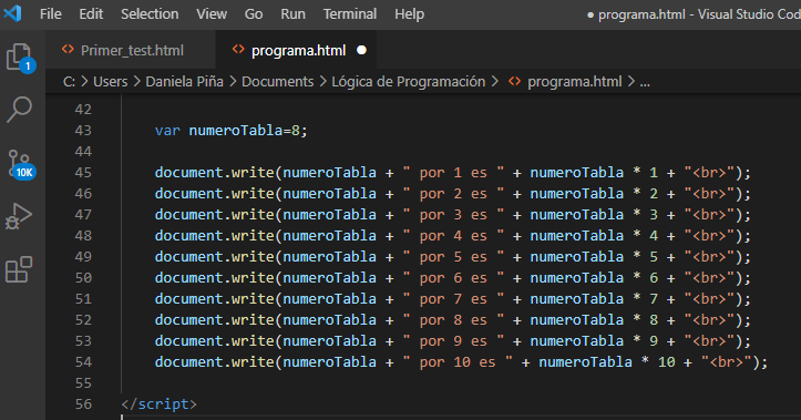 Imagen código tabla del 8