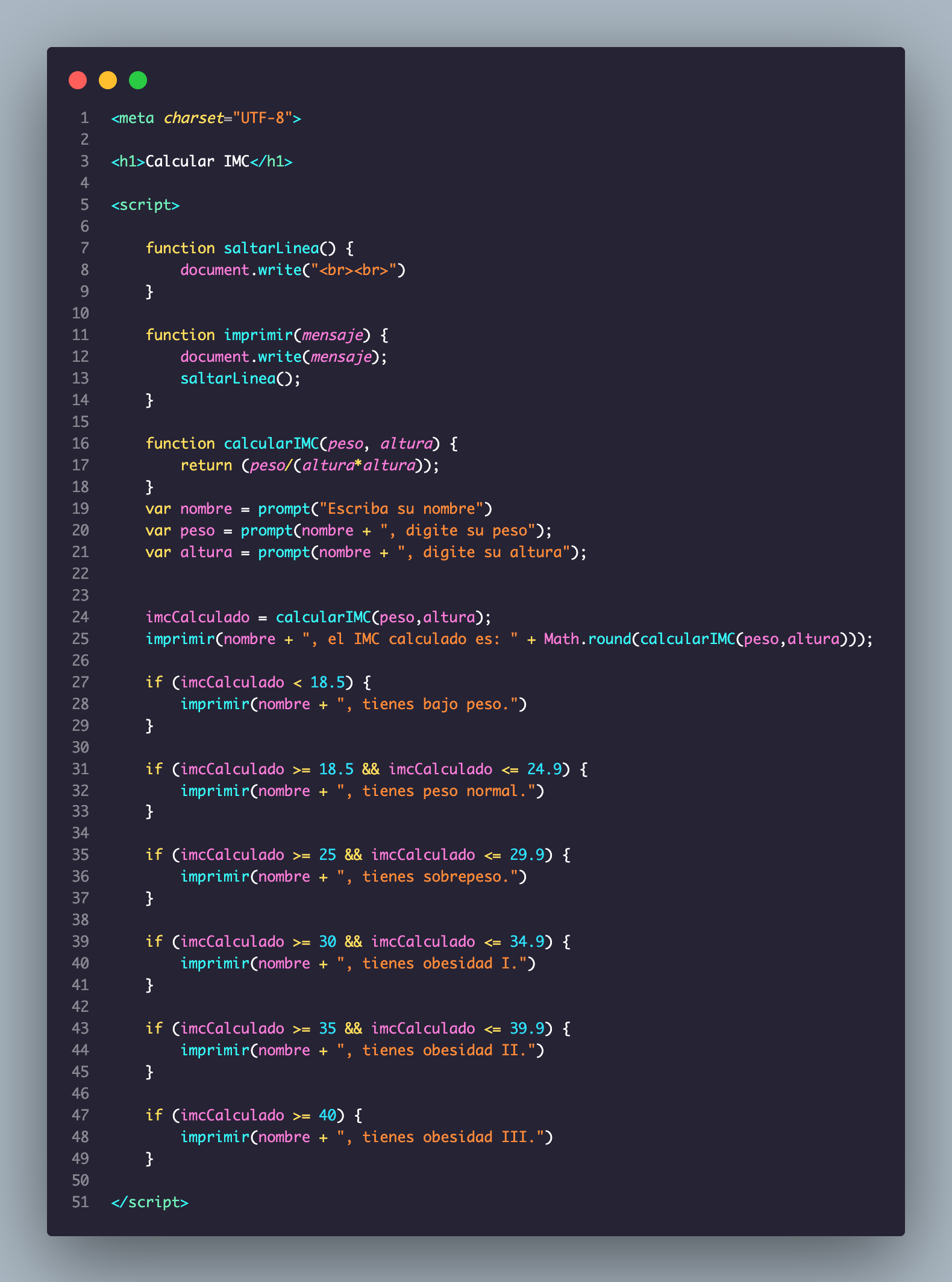 Código de un programa IMC con Javascript y condiciones