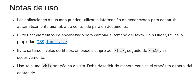 Notas de uso de etiqueta h1