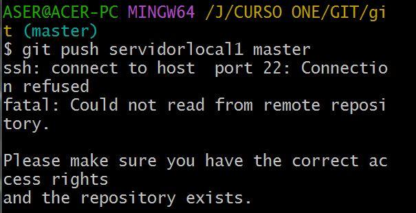 Estoy realizando el curso de GIT y al tratar de enviar la información al servidor local creado me aparece este problema, he probado con algunas soluciones sugeridas en la web pero ninguna funciona