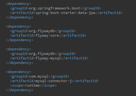 Dependencias MySQL Driver, Flyway Migration, Spring Data JPA