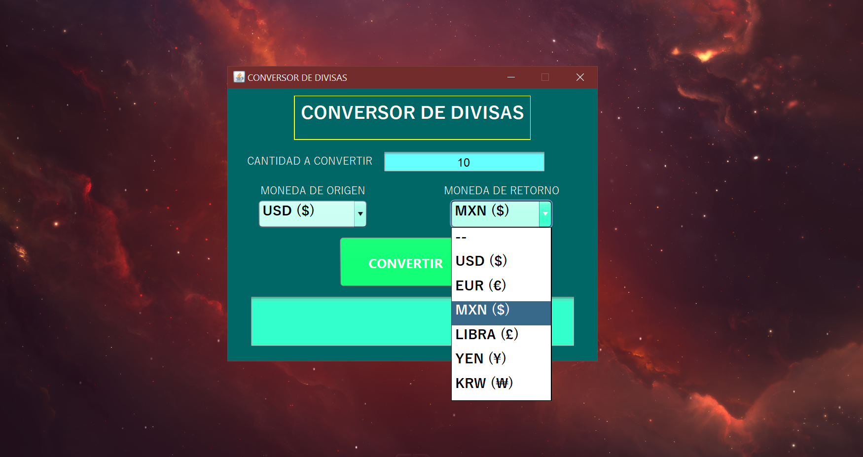 CONVERTIDOR DE DIVISAS CON JAVA.