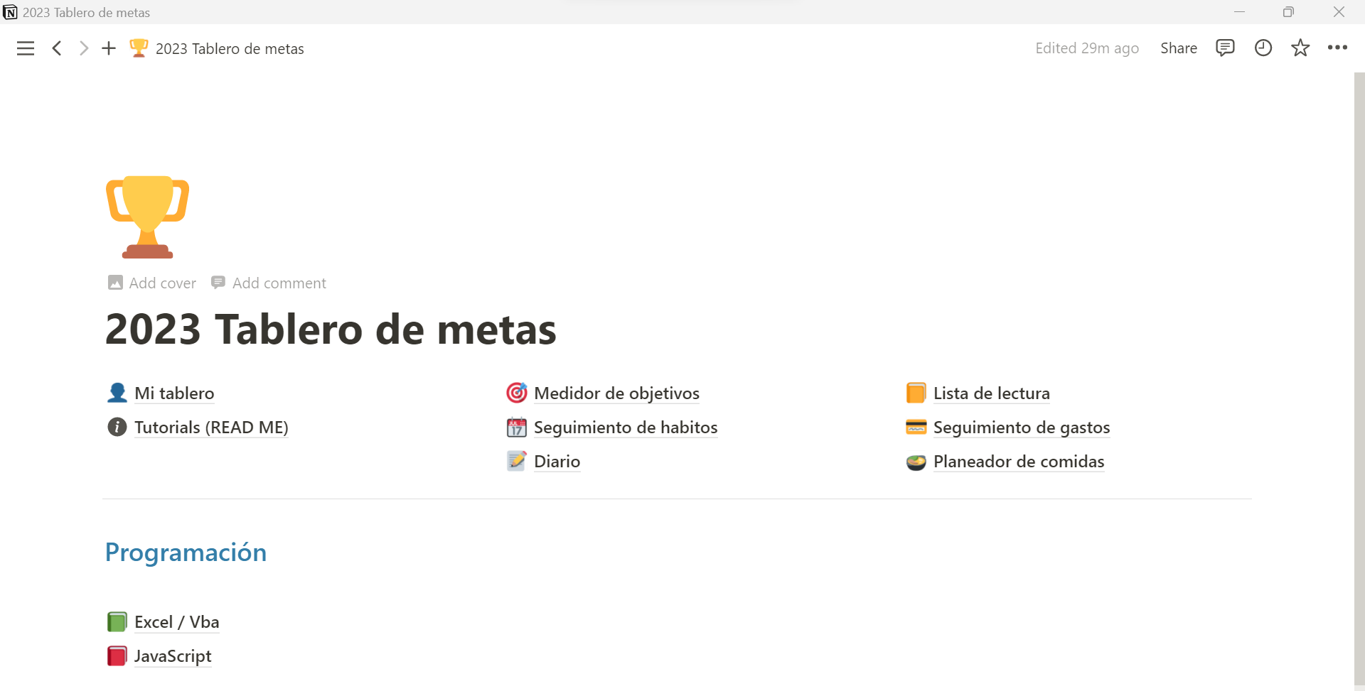 Ejemplo de tablero en Notion para enfocarnos en los resultados