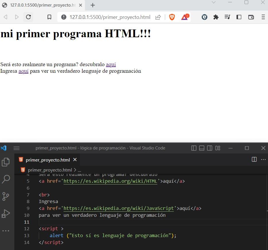 Captura de pantalla donde aparece el cuerpo del primer proyecto con el título mi "primer programa HTML!!!" dentro de un tag h1, dos saltos de línea con el tag br, una línea de texto con el mensaje "Será esto realmente un programa? descubralo y dentro de un tag de hipervinculo la palabra aquí, con un enlace que dirige a la página de wikipedia correspondiente al atrículo sobre HTML. En seguida un salto de línea y posteriormente el mensaje "Ingresa  de nuevo la palabra aquí dentro de un tag a correspondiente a otro hipervinculo este vez dirigido al artículo en wikipedia sobre JavaScript, y fuera del hipervinculo sigue el mensaje: para ver un verdadero lenguaje de programación. Finalmente en la línea 12 del código está el inicio del tag correspondiente a script dentro de él un alert y dentro del alert el mensaje que vimos al principio en el popup "Esto sí es  lenguaje de programación" finalmente en la última línea, la catorce, se cierra el tag del script" 