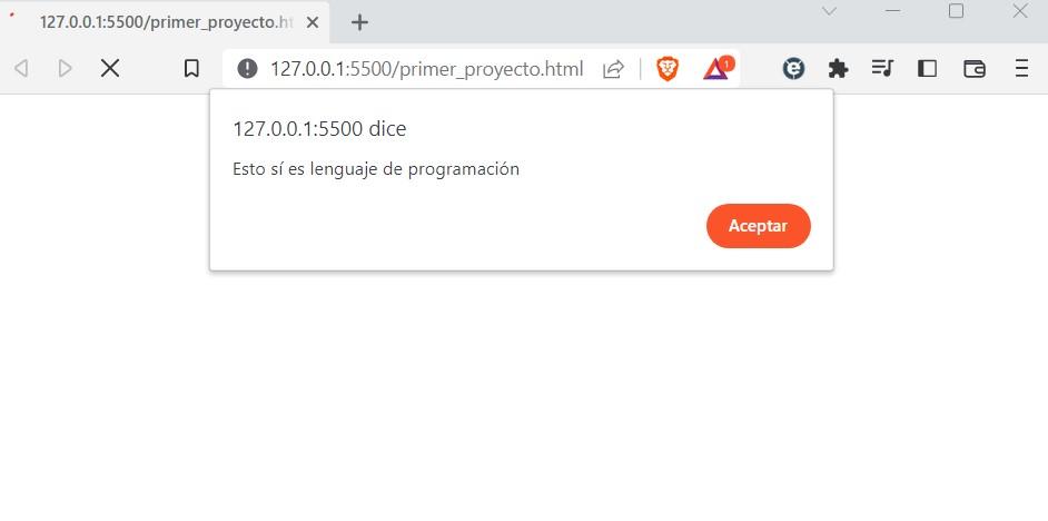 captura de pantalla donde se ve que sale un popup correspondiente a script que dice: "Esto sí es lenguaje de programación y botón de aceptar)  