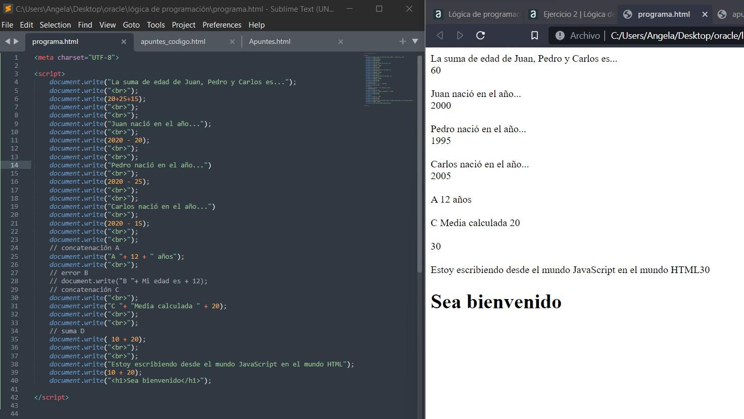 Imagen con el código y el resultado del ejercicio dos, en el cual aprendimos la etiqueta  de javascript, script dentro del mundo html,  usando la instrucción document.write dentro de la etiquera script, el navegador interpreta esto como javascript  y podemos hacer operaciones matemáticas. 
En este ejercicio aprendimos cómo con JavaScript obtenemos el resultado de operaciones básicas como sumas y restas para calcular edades. También pudimos ver cómo concatenar textos y números