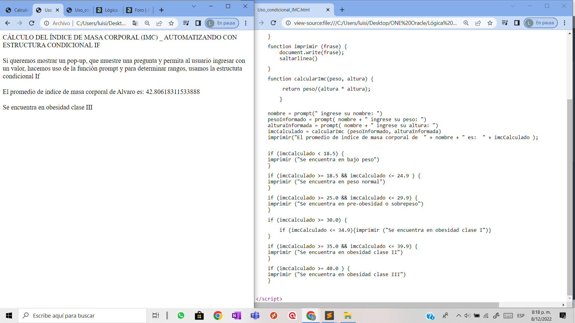 Ejercicio: Cálculo del IMC, automatizando los rangos con estructural condicional If