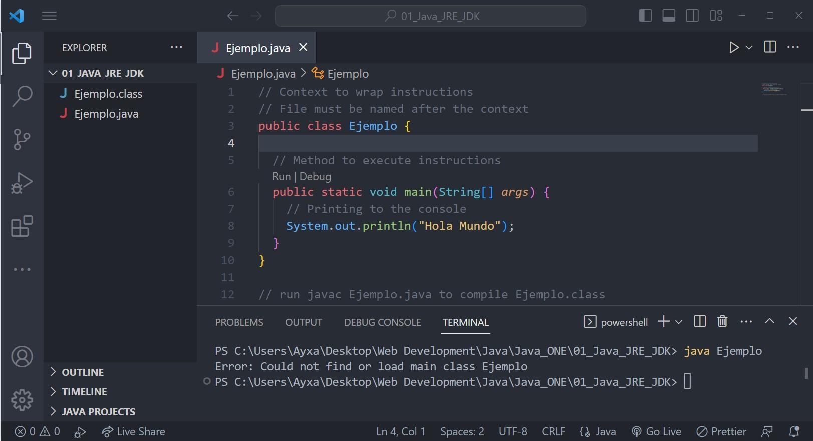 Código de Java con mensaje de error en la terminal