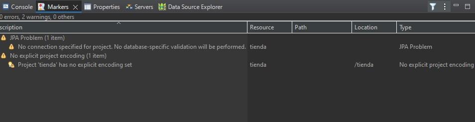 No connection specified for project. No database-specific validation will be performed; Project 'tienda' has no explicit encoding set.