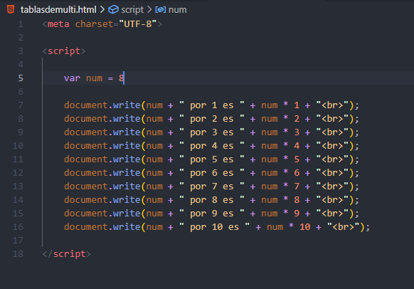 Captura del código para hacer tablas de multiplicar para cualquier numero