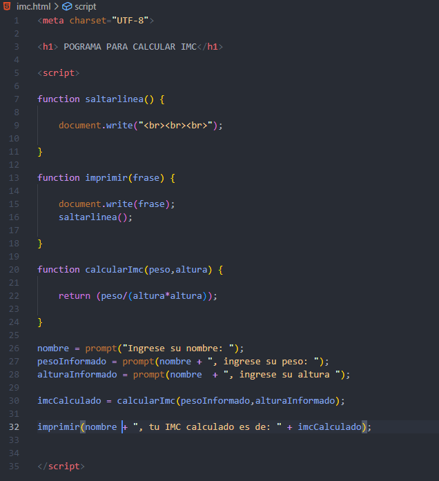 Captura del codigo con el cual puedo calcular el imc del usuario