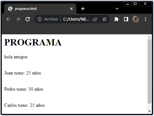 Salida del codigo en Chrome