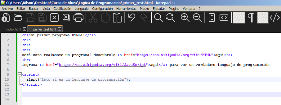 Vista del editor Notepad++ de la primera clase de html