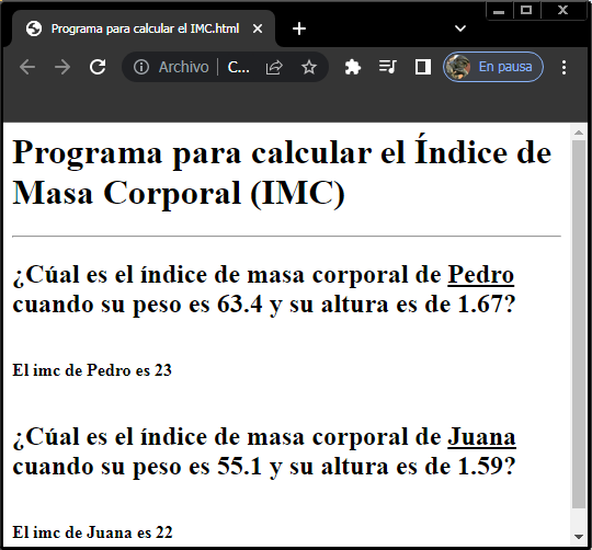 Resultado del codigo en Chrome