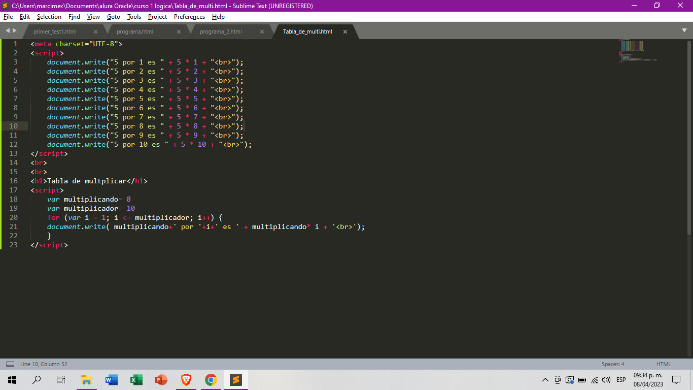 Uso del Ciclo de for para generacion de tabla de multiplicar
