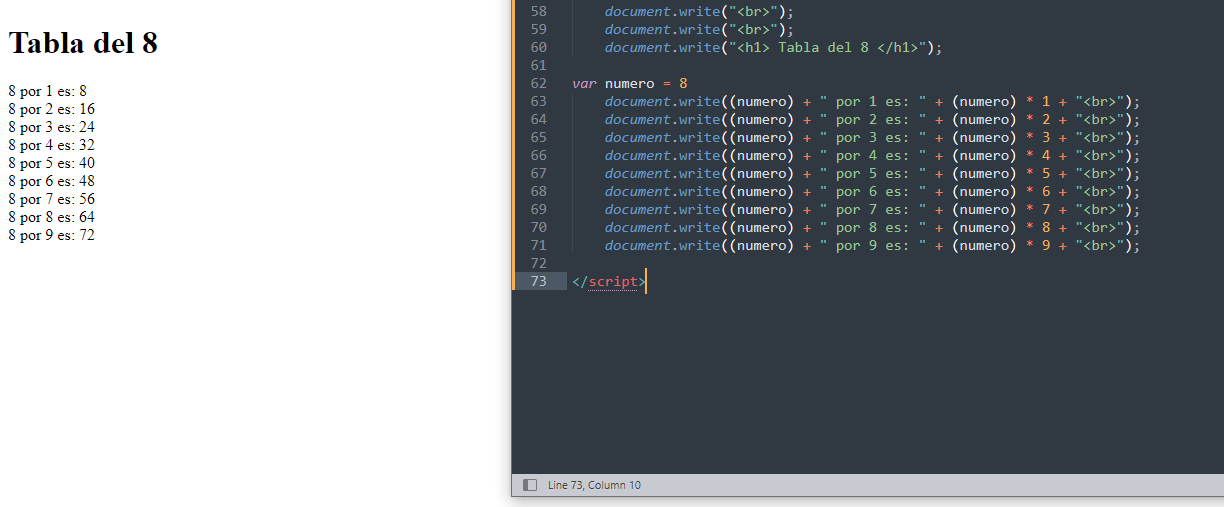 Solucion a la tabla del 8 con variables