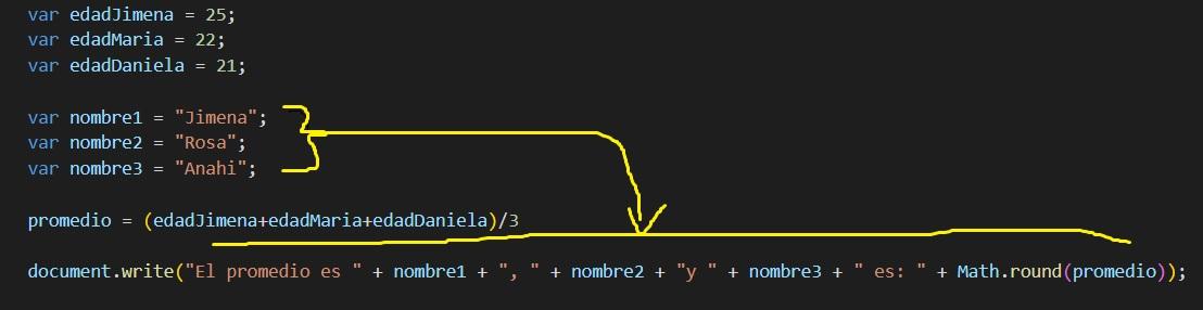 Tengo esta duda, tengo entendido que "var nombre1 tiene como contenido a  "Jimena";  porque al ejecutar el codigo si le muestra las edades?
No me queda claro ya que en la parte de arriba el "var edadJimena tiene como contenido 25", cosa no me queda claro, alguien podria explicarmelo porfavor. 