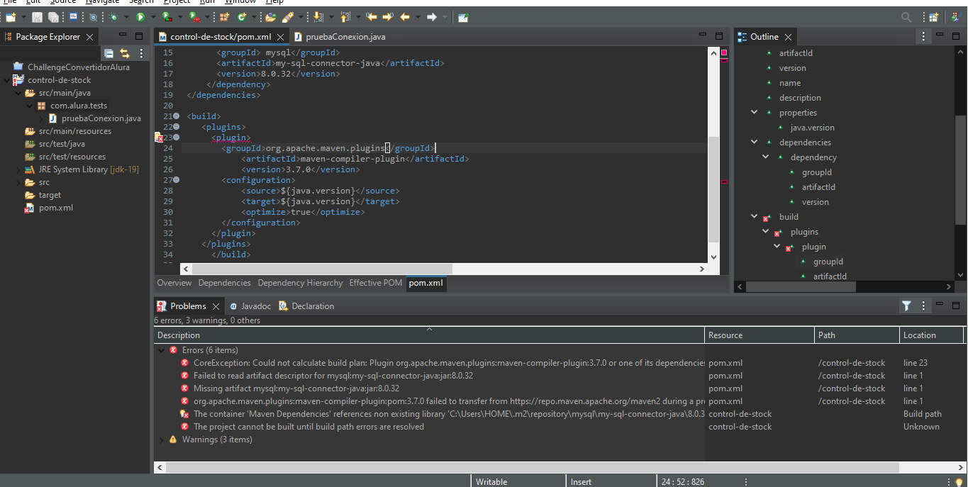 pantallazo eclipse cn errores en pom.xml