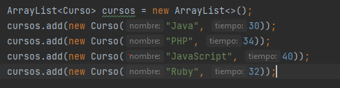 "se agrega a una lista de cursos objetos creados directamente dentro del metodo add "