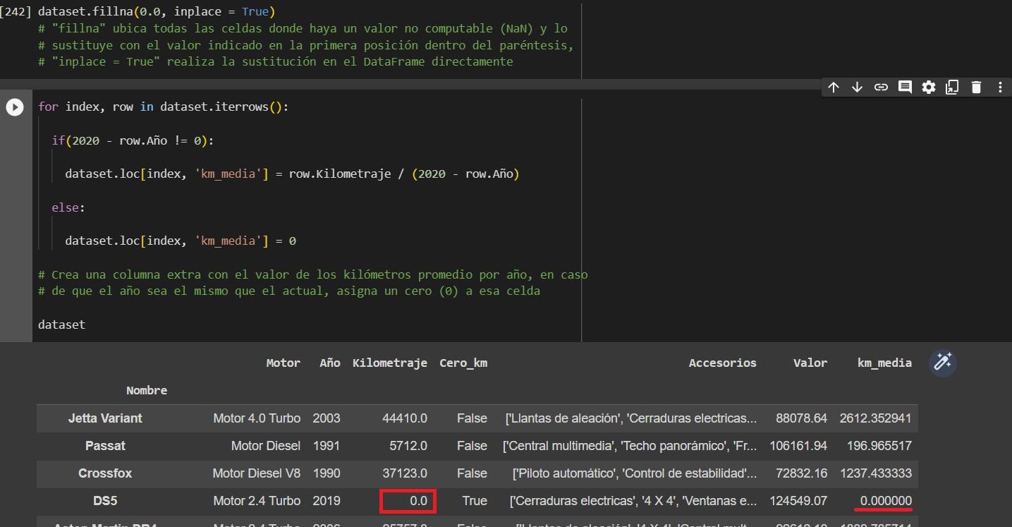 Screenshot del código utilizado donde se muestra su utilización antes de la realización de operaciones con valores NaN