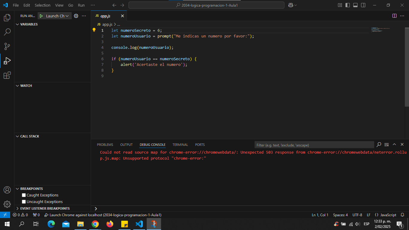 captura de pantalla del entorno de VSCode con la información de la app y el error de ejecución