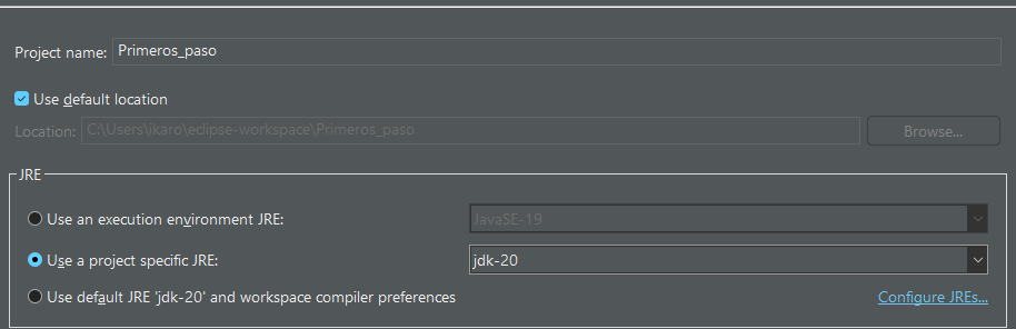 Elegir jdk-20 para el JRE