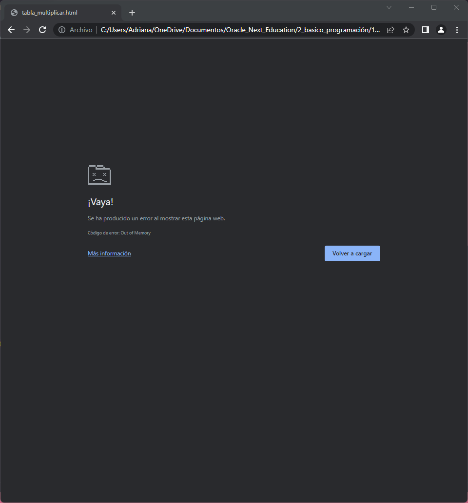 Pantalla de error de Chrome. Código de error: Out of Memory
