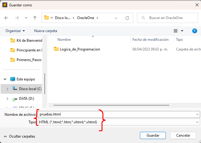 debes ponerle al nombre de tu archivo la extension .html y en la opcion de tipo selecciona HTML (*.html; *htm; *.shtml; *.xhtml)