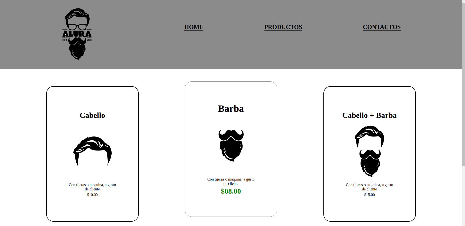 Es una pagina web de una barberia, tiene un header con el logo y la barra de navegacion, luego tiene los pruductos que son 3 y tiene una pequeña efecto con hover y al final tenemos el footer con el logo y los derechos de autor 