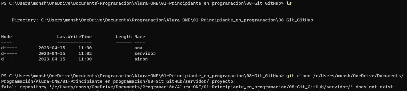 captura de pantalla de Windows PowerShell con error al intentar ejecutar git clone