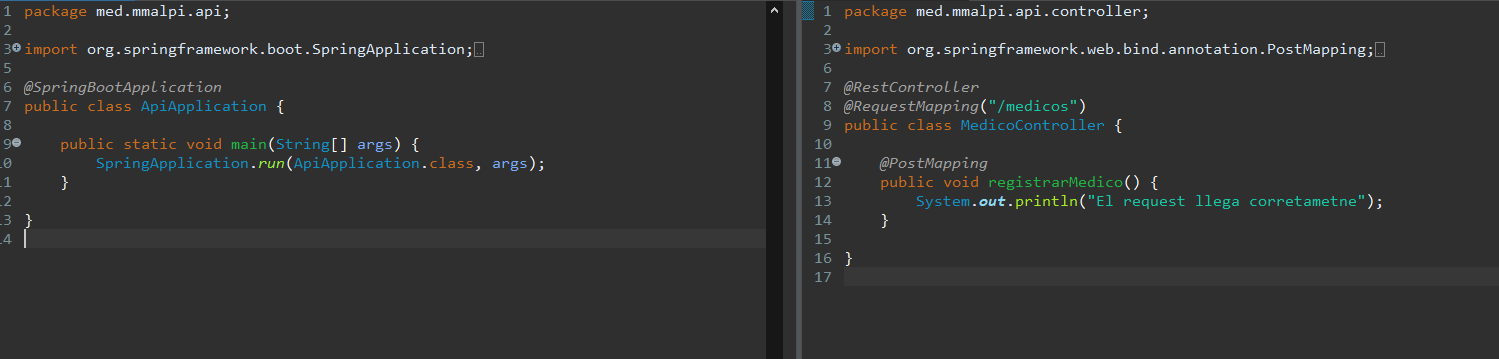Captura de pantalla del codigo para el RestController de medicos y la clase principal