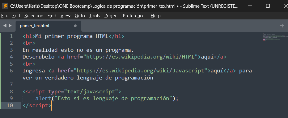 Se muestra el pequeño ejercicio realizado en clase con HTML en el editor Sublime Text