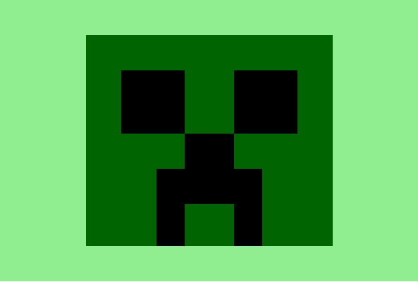 cara verde oscuro con ojos negros , nariz negra y borde de la boca color negro, su fondo es un verde claro, es un npc del juego maincraft "creeper"