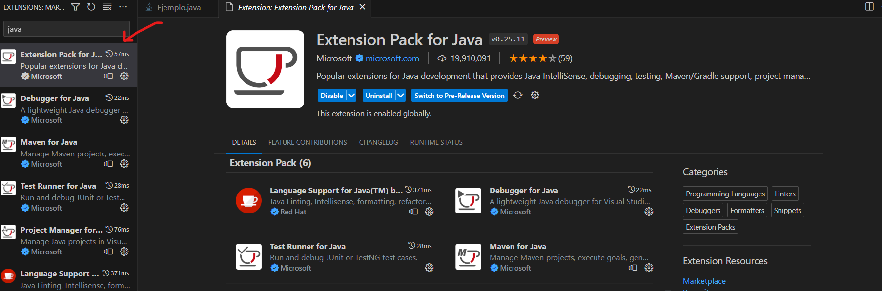 Paquete de extension Java en VS Code