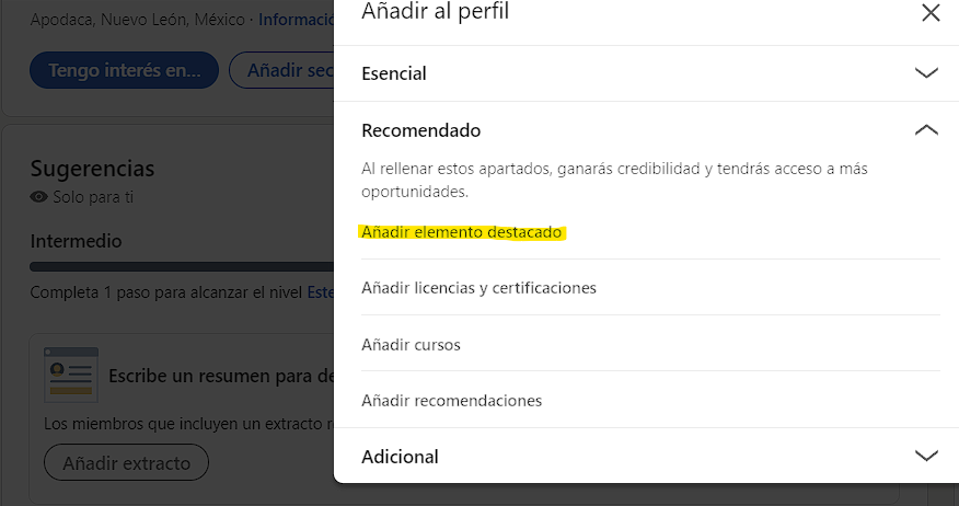 Ruta de añadir elentos destacados en Linkedin