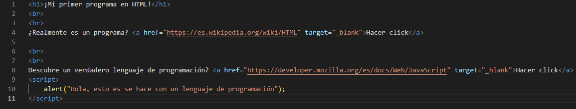 Imagen de código iniciando con HTML Y JS