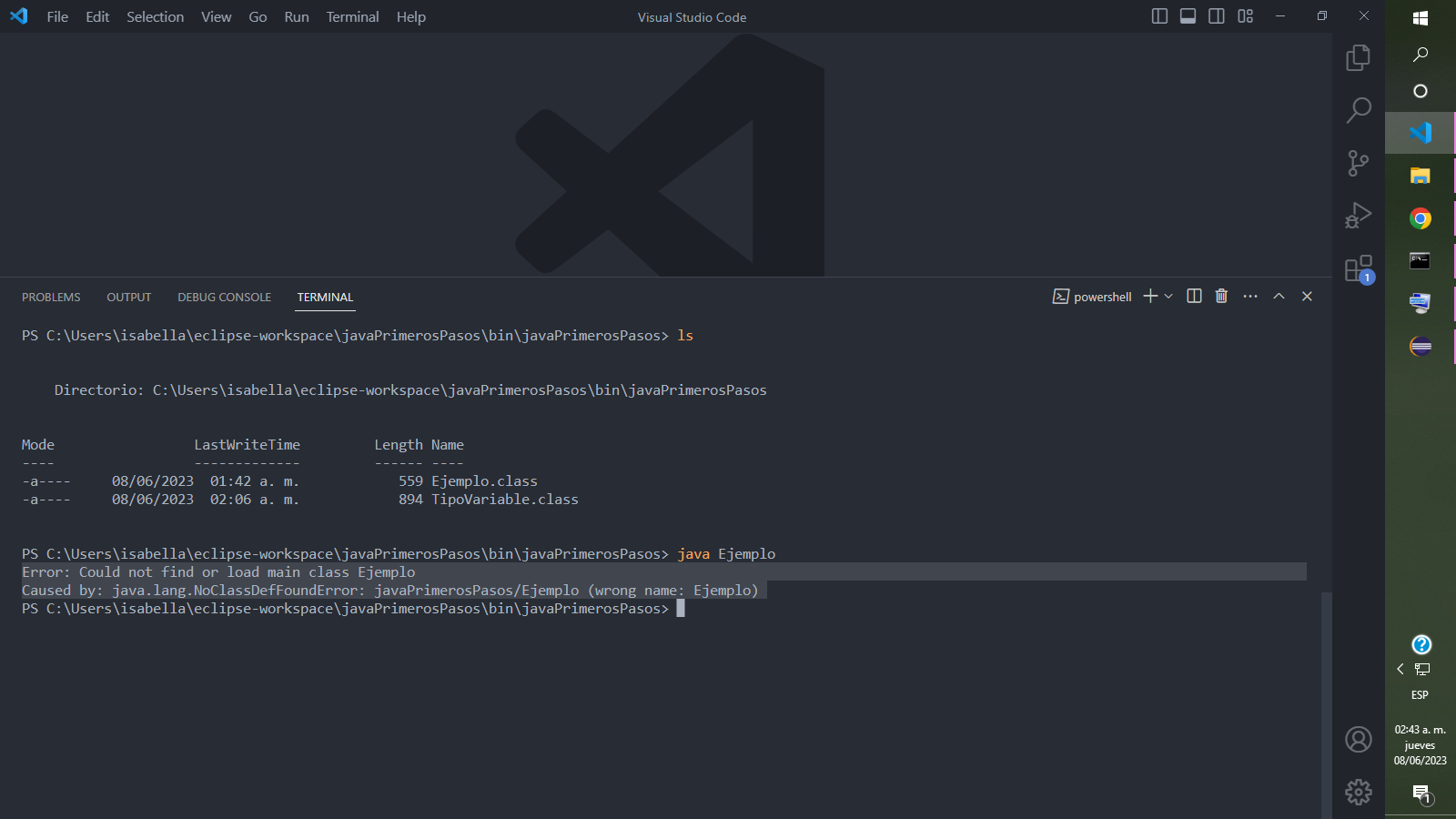 Error en terminal PowerShell