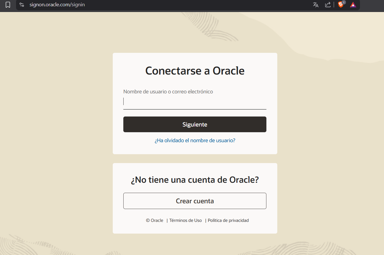Captura de pantalla de la página de inicio de sesión de Oracle.