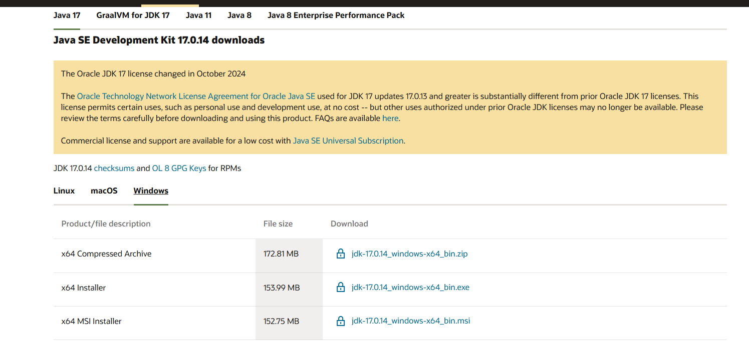 Imagen de la página de Oracle, recortada en la sección donde se encuentra JAVA 17 